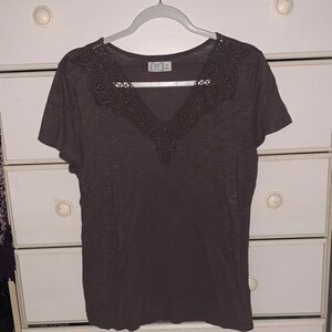 Maurices Lace Trim V-Neck Tee in Dark Brown